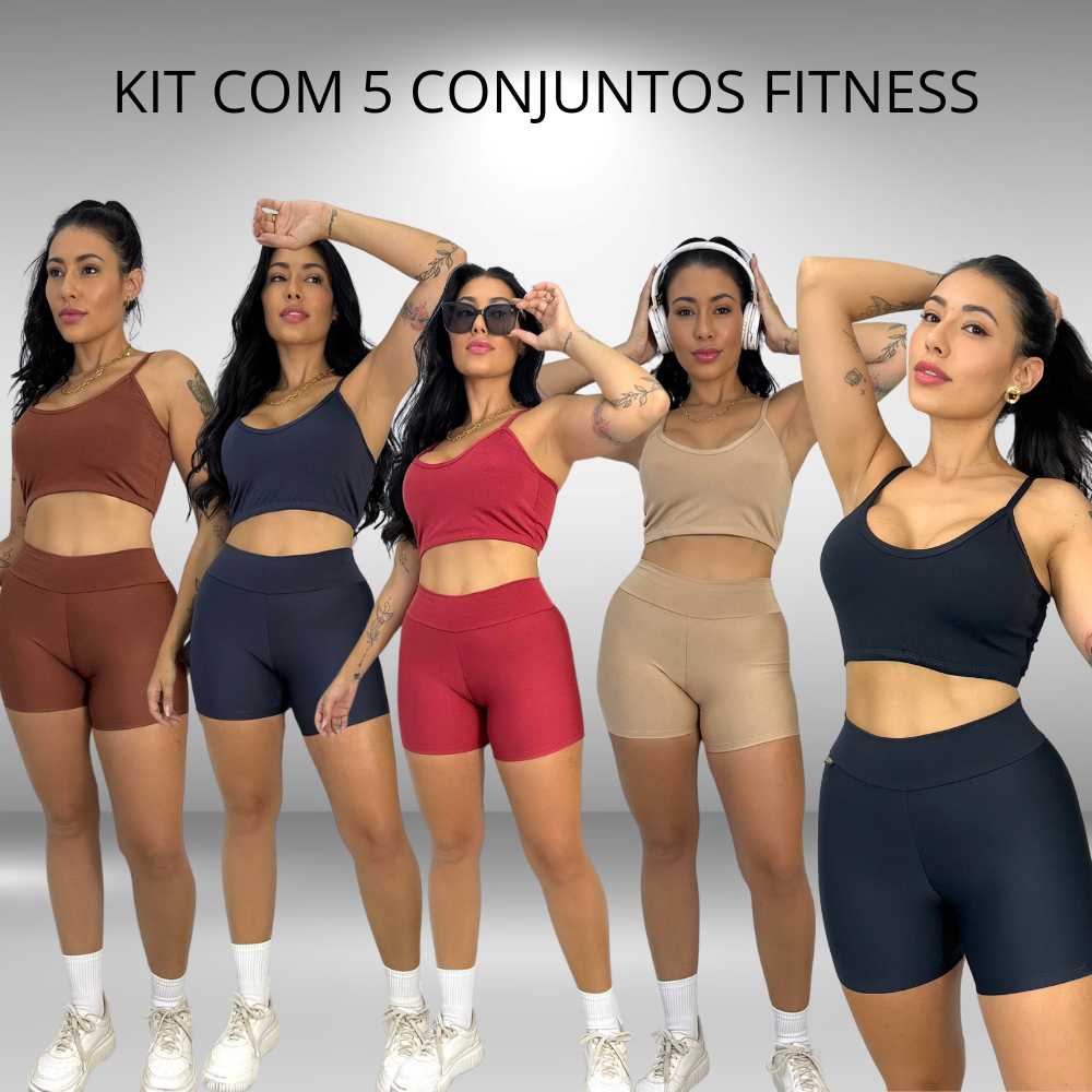 Kit Com 5 Conjuntos Fitness Feminino Supplex Top Duplo Alcinha + Short Cintura Alta