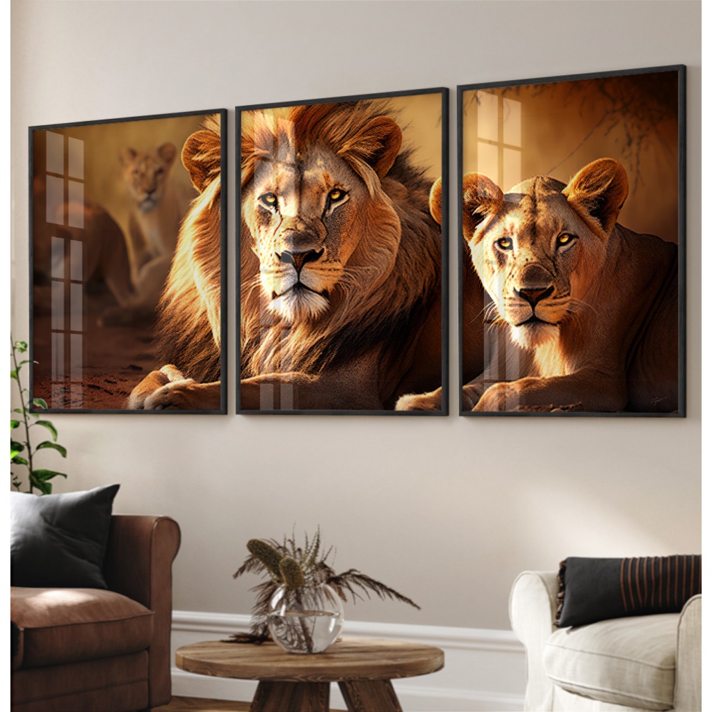 Quadro Leão Família Quadro Com Moldura E Vidro Quadro Decorativo Sala Grande Quarto Casal Leoa Trio
