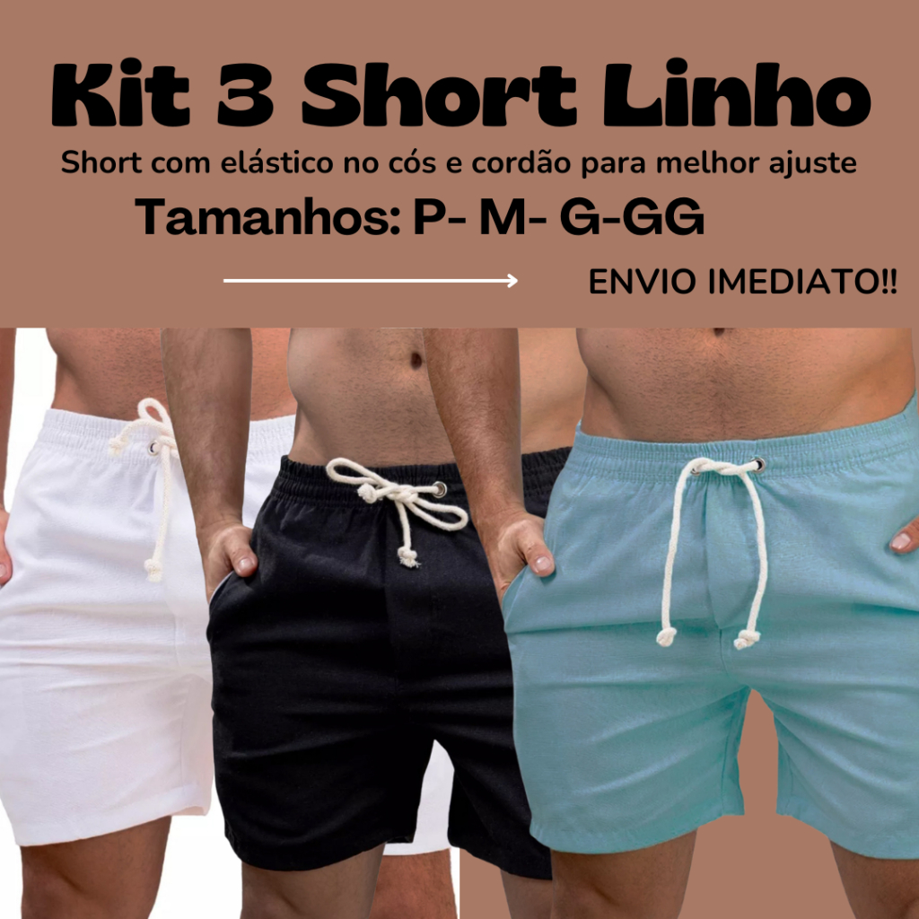 Kit 3 Short de Linho Masculino Básico Mauricinho Premium Bermuda Casual Leve Confortável