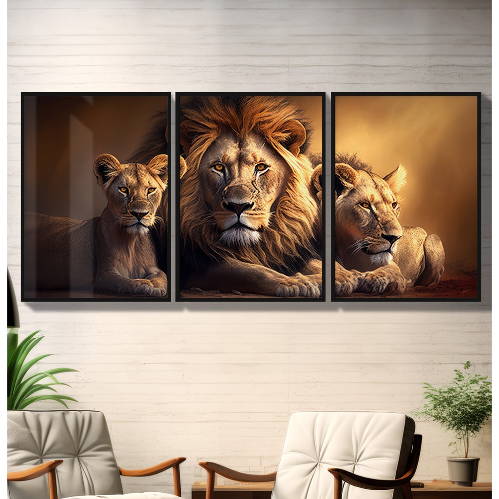 Quadro De Leao Para Sala Trio De Quadros Decorativos Com Moldura Quadro Leão Família Leoa E Filhote