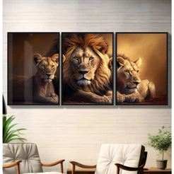 Quadro De Leao Para Sala Trio De Quadros Decorativos Com Moldura Quadro Leão Família Leoa E Filhote