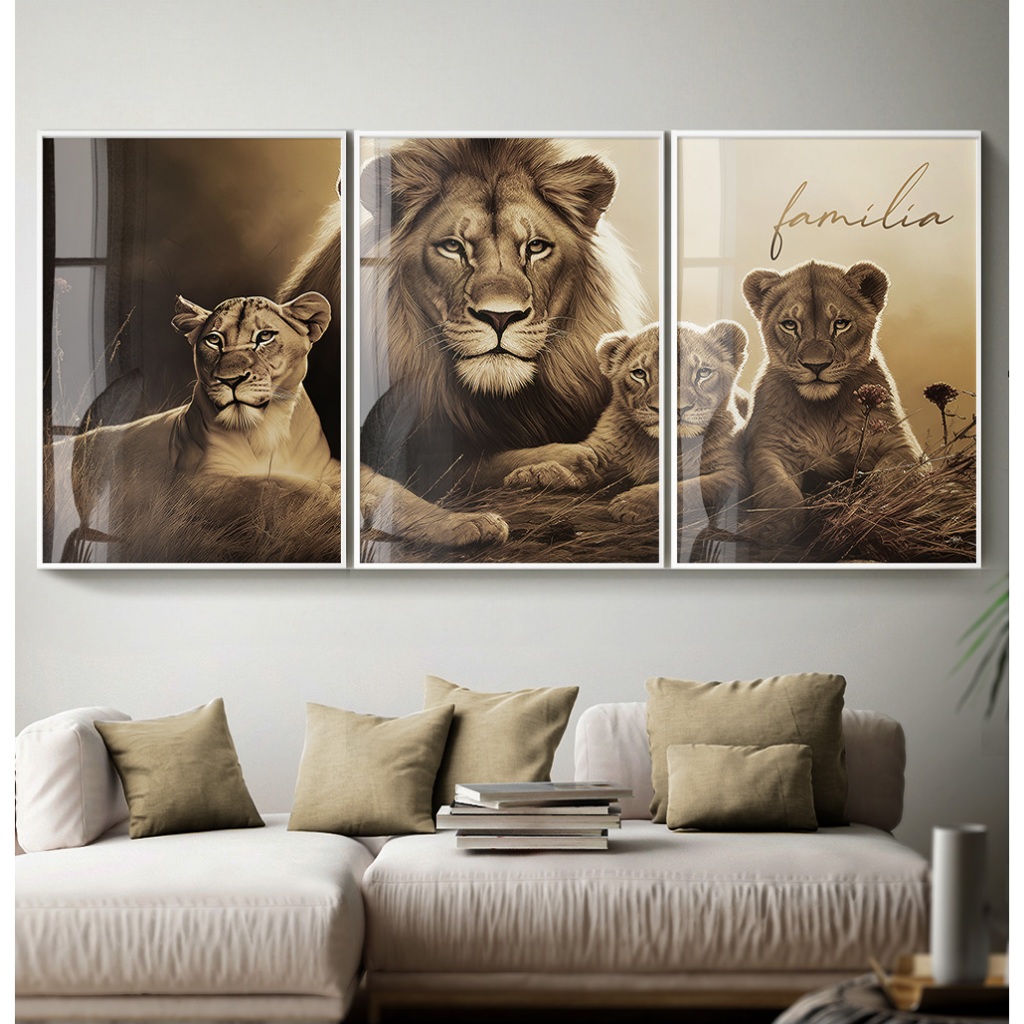 Quadro Leão Família Quadro Com Moldura Quadro Decorativo Sala Quarto Casal Leões