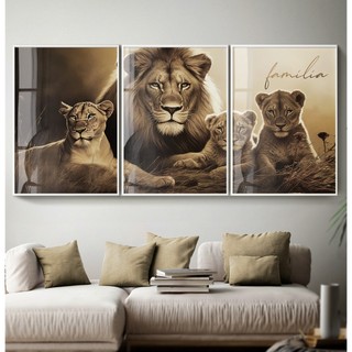 Quadro Leão Família Quadro Com Moldura Quadro Decorativo Sala Quarto Casal Leões E Filhotes Trio