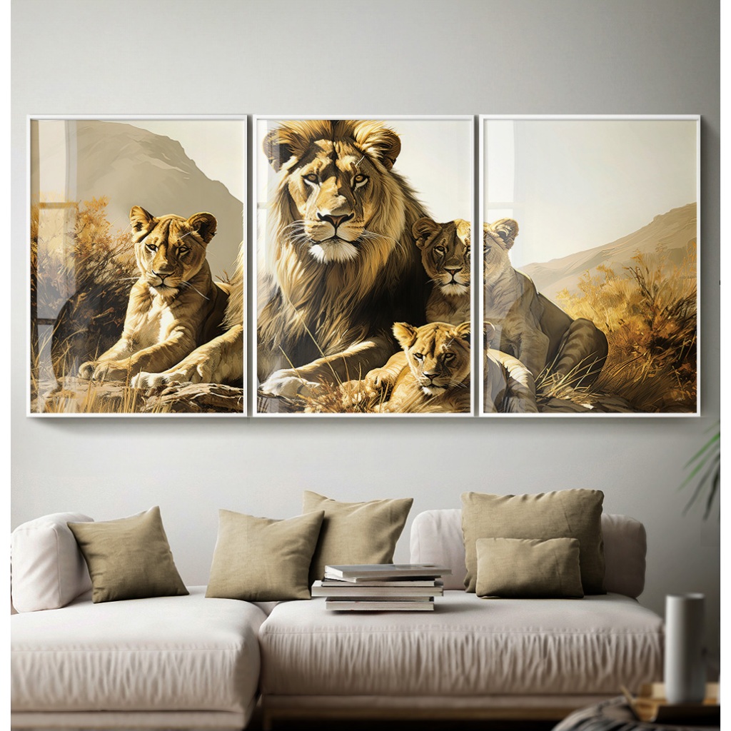 Quadro Leão Família Quadro Com Moldura Vidro Quadro Decorativo Sala Quarto Casal Dois Filhotes Trio