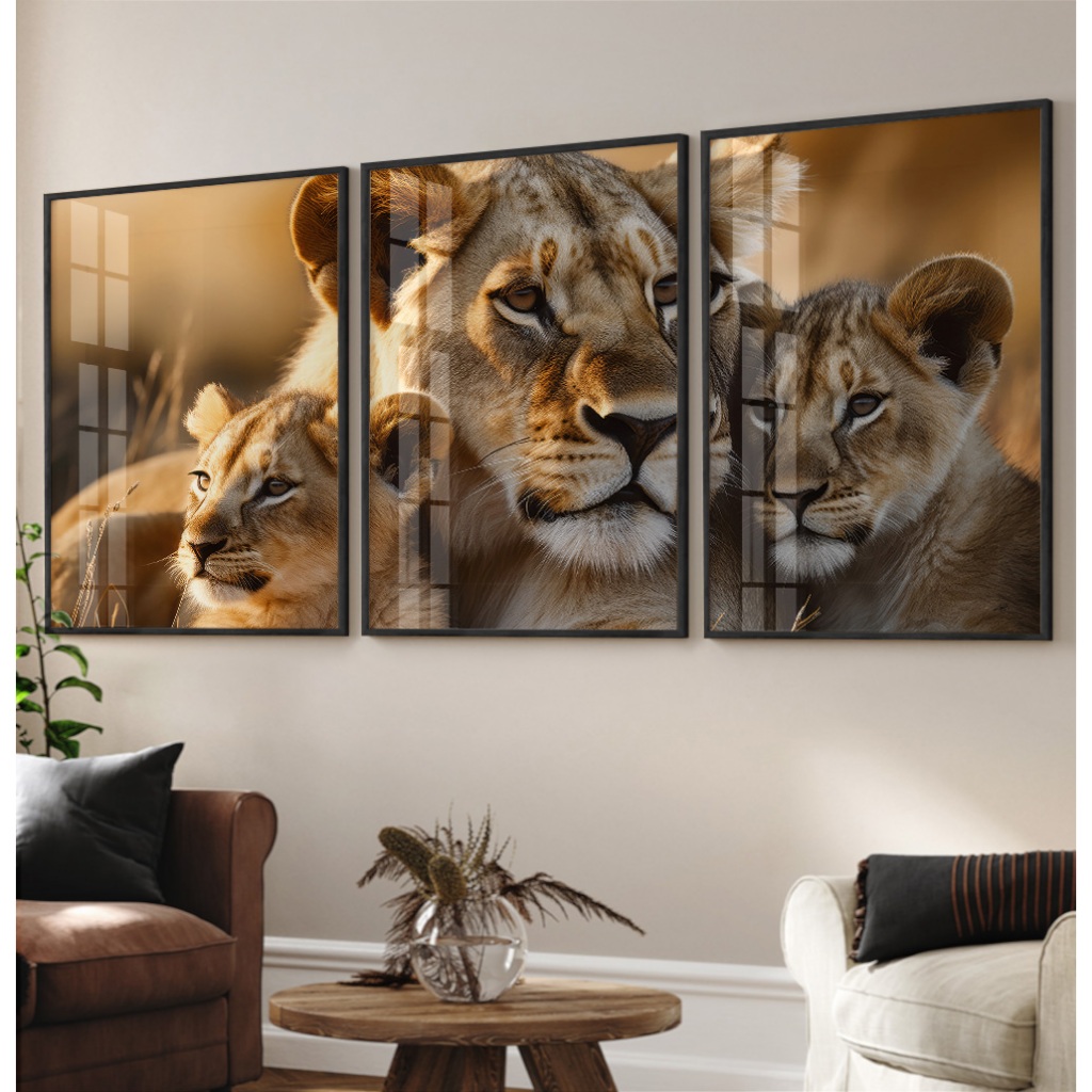 Quadro Leoa Com 2 Filhotes Quadro Com Moldura E Vidro Quadros Decorativos para Sala Grande Trio
