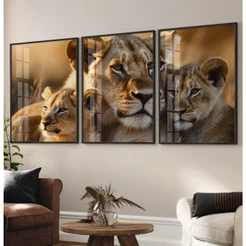 Quadro Decorativo Sala Grande Leoa Com 2 Filhotes Trio Quadro Leão Para Sala Com Moldura E Vidro