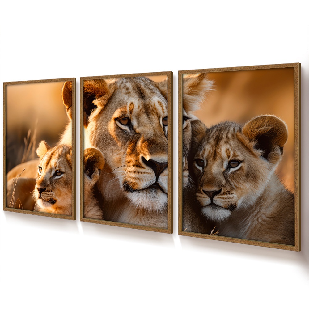 Quadro Decorativo Sala Grande Leoa Com 2 Filhotes Trio Quadro Leão Para Sala Com Moldura E Vidro · foto 2