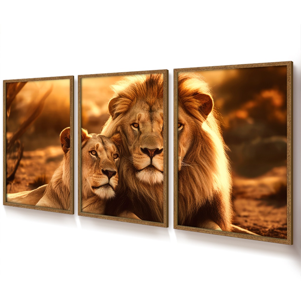 Quadro Decorativo Sala Leão Grande Com Moldura Quadro Sala Casal De Leão E Leoa Trio 3 Peças — imagem 2 de 2