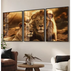 Quadro Decorativo Sala Leão Grande Com Moldura Quadro Sala Casal De Leão E Leoa Trio 3 Peças
