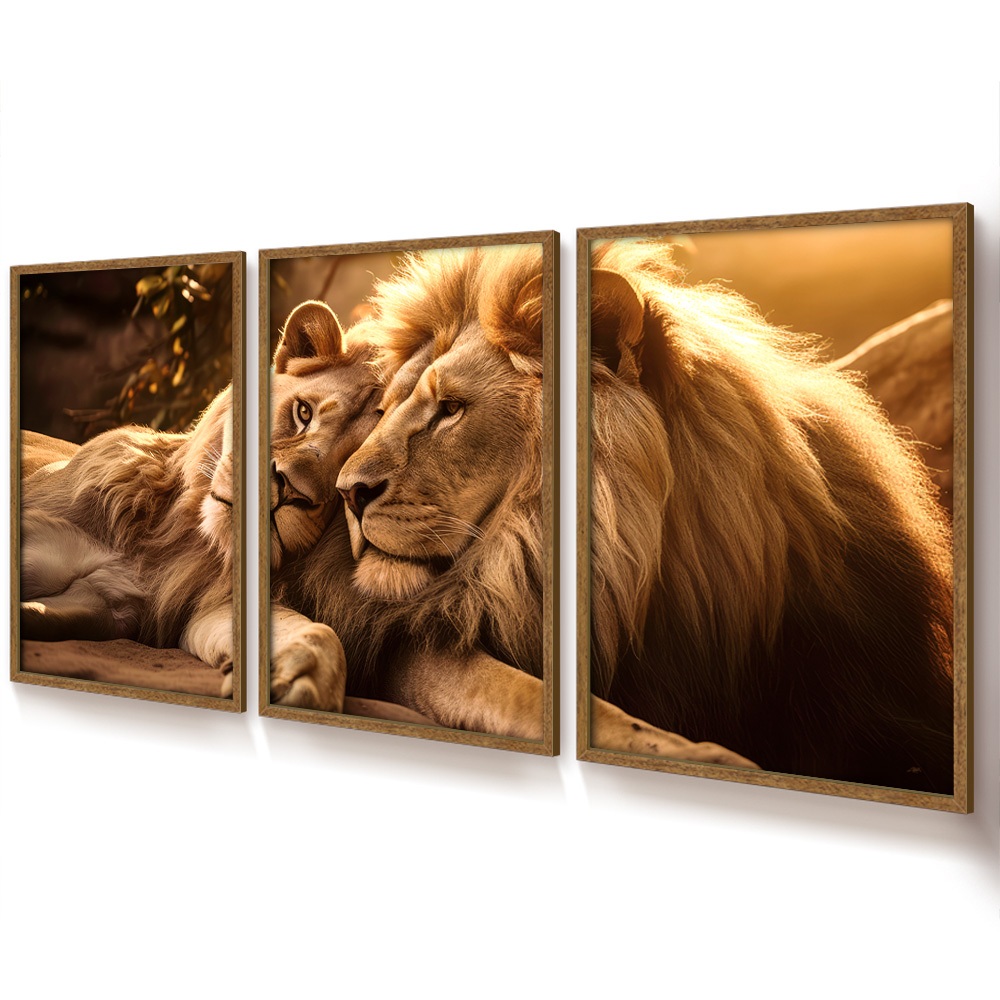 Quadro Decorativo Com Moldura E Vidro Para Sala Quarto Casal Escritório Trio Dourado Casal De Leões · foto 2
