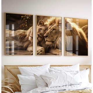 Quadro Decorativo Com Moldura E Vidro Para Sala Quarto Casal Escritório Trio Dourado Casal De Leões em Oferta na Shopee