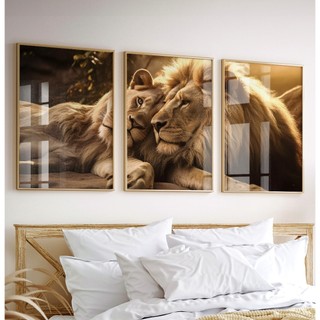 Quadro Decorativo Com Moldura E Vidro Para Sala Quarto Casal Escritório Trio Dourado Casal De Leões