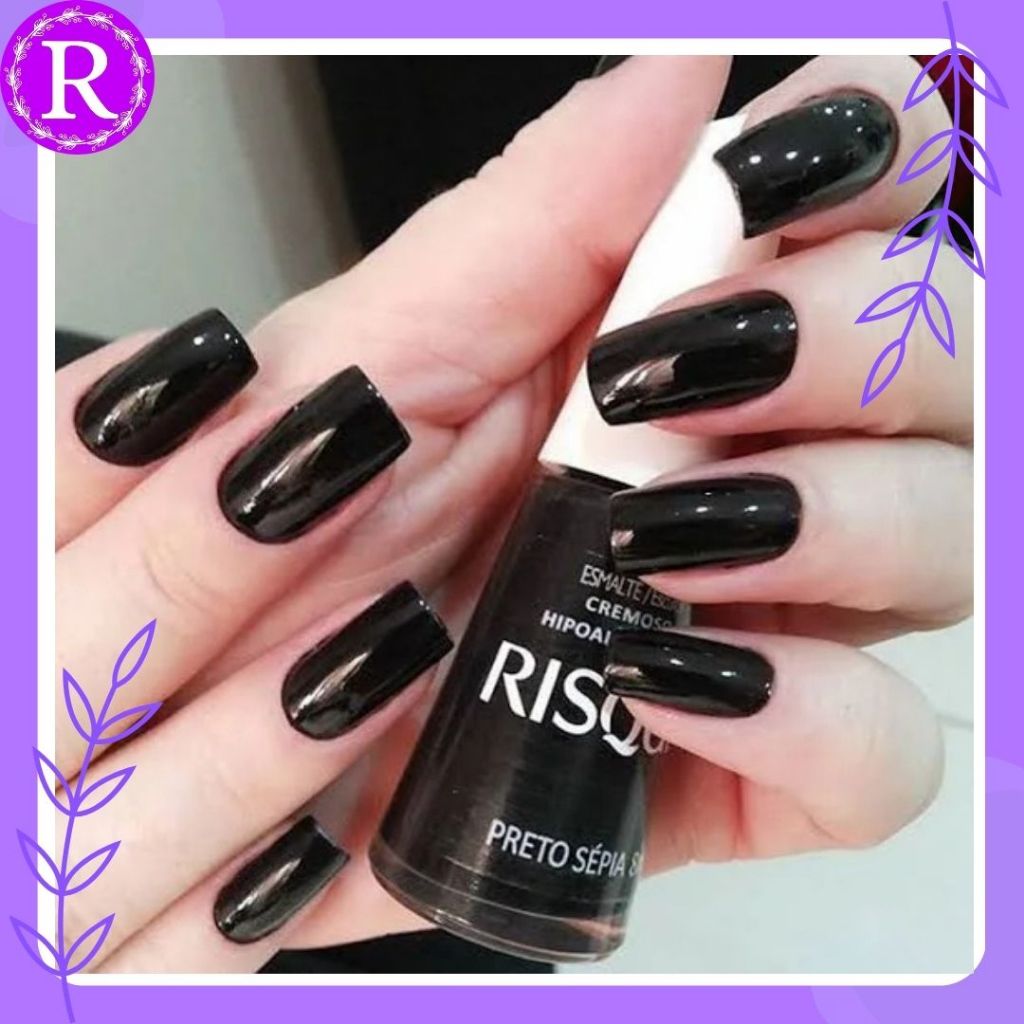 Esmalte Risqué Preto Sépia Preto Cremoso 8ml Hipoalergênico - preto.