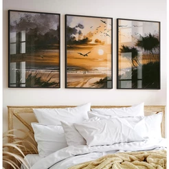 Quadro Decorativo Sala Praia Quadros Decorativos Com Moldura Quarto Casal Gaivotas Pôr do Sol Trio
