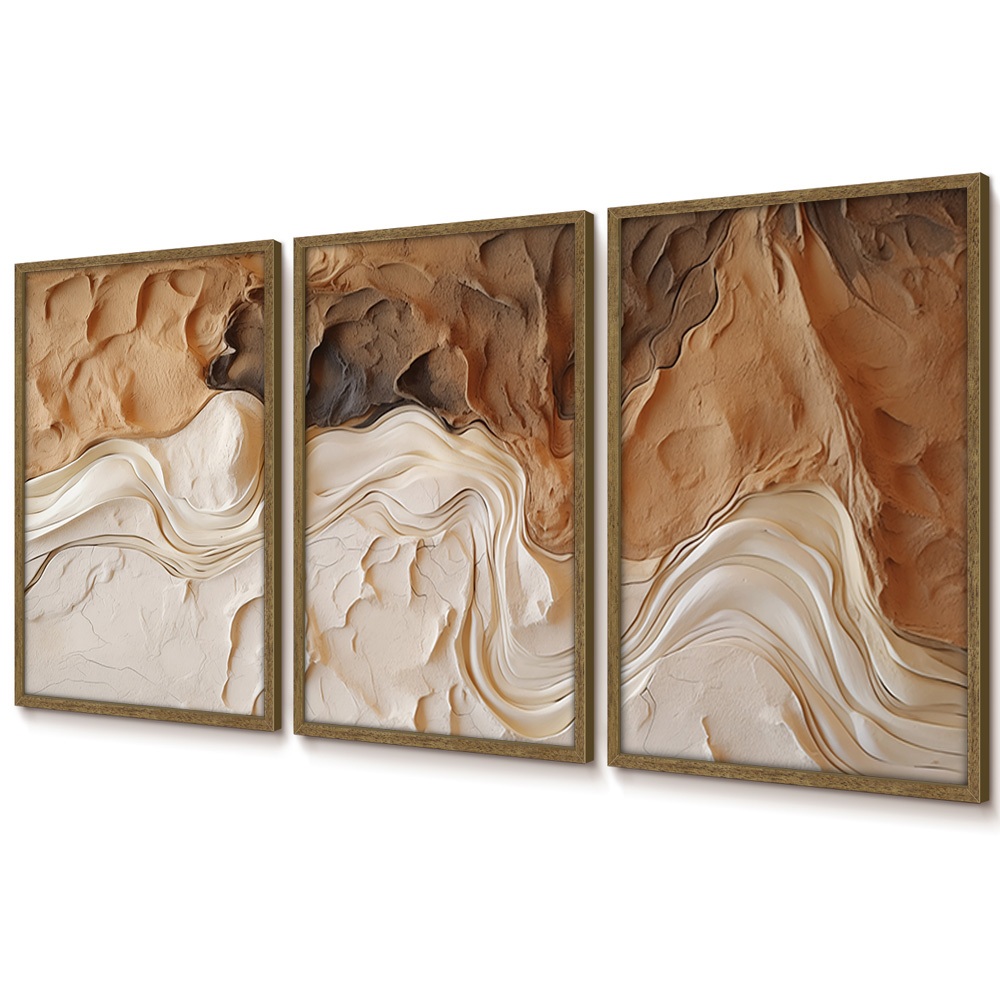 Quadro Abstrato Trio De Quadros Decorativos Com Moldura Quadro Grande Para Quarto Sala Gesso Marrom · foto 2