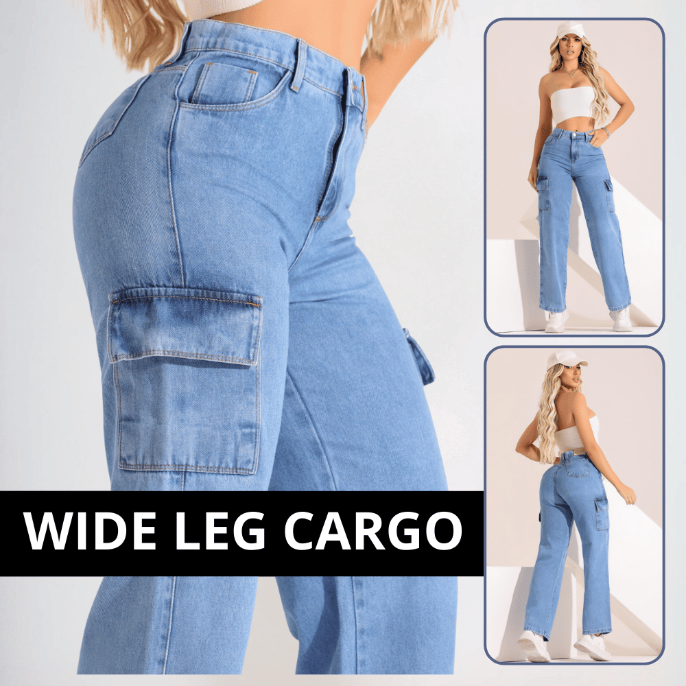 Calça Cargo Feminina Wide Leg Cintura Alta Jeans Pantalona Levanta Bumbum Confortável Tendência