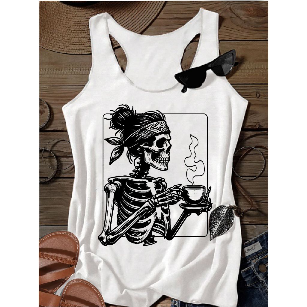 blusa regata feminina caveira rock café, blusinha estilosa aesthetic branca plus size