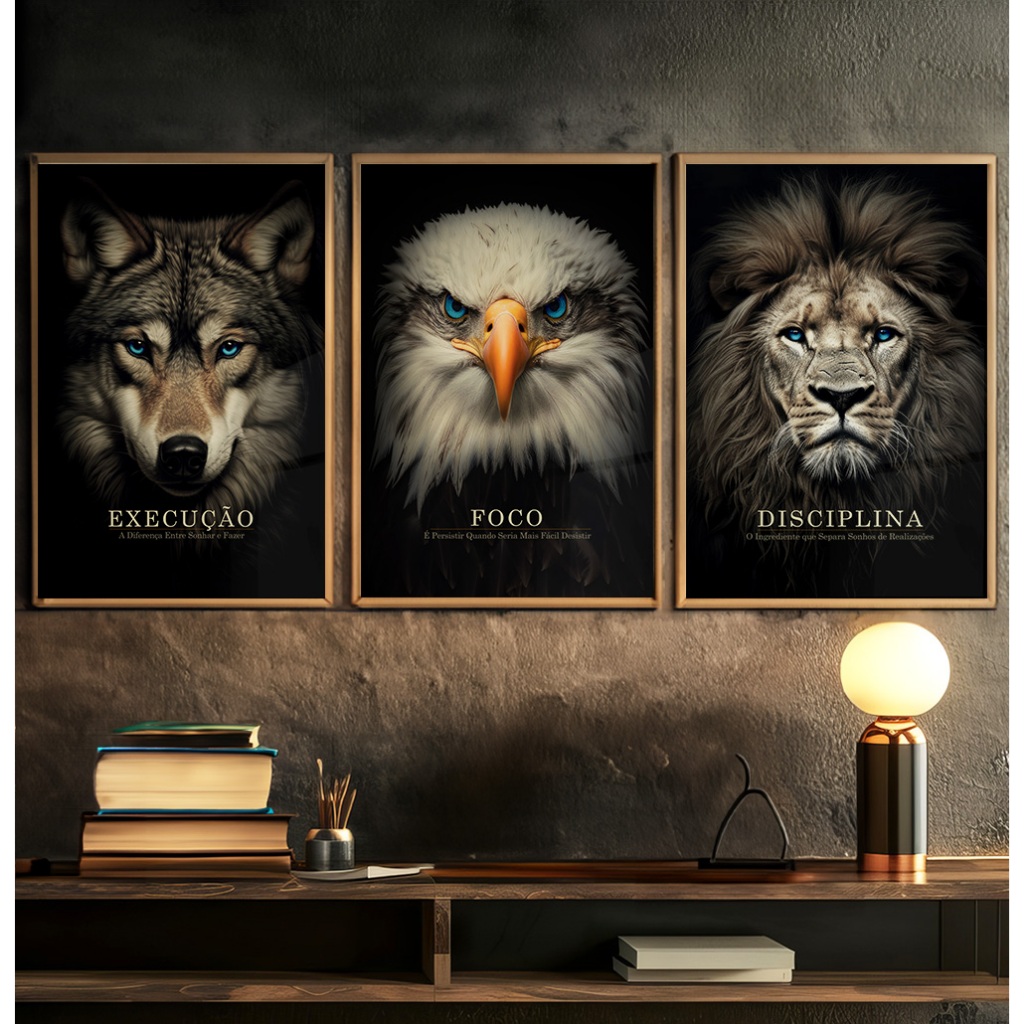 Quadro Leão Decorativo Grande Com Moldura E Vidro Quadro Sala Escritório Leão Quadro Lobo e Aguia