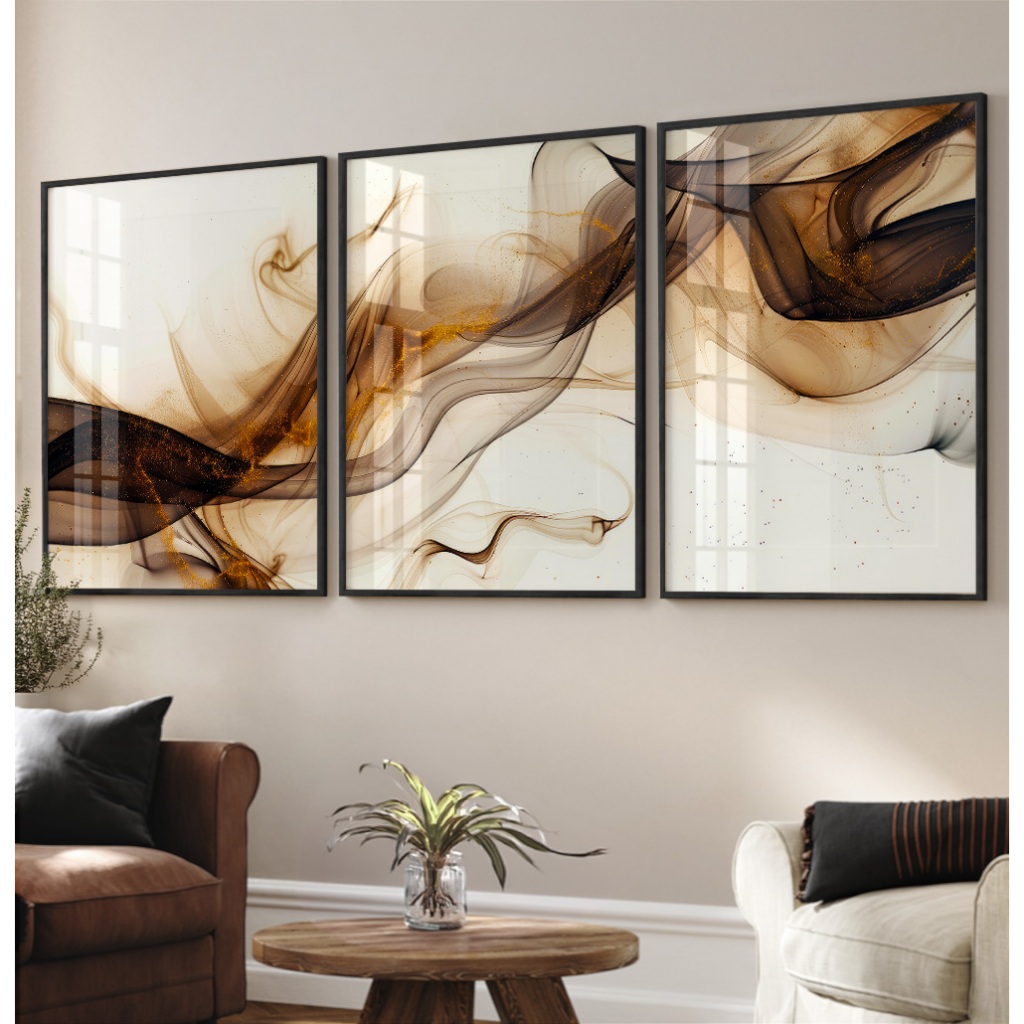 Quadro Abstrato Para Sala Quadro Com Moldura E Vidro Quadro Decorativo Escritório Ondas Marrom Trio