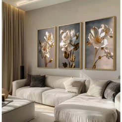 Quadro Decorativo Sala Trio Floral Branco E Dourado Quadros Decorativos Quarto Casal Com Moldura