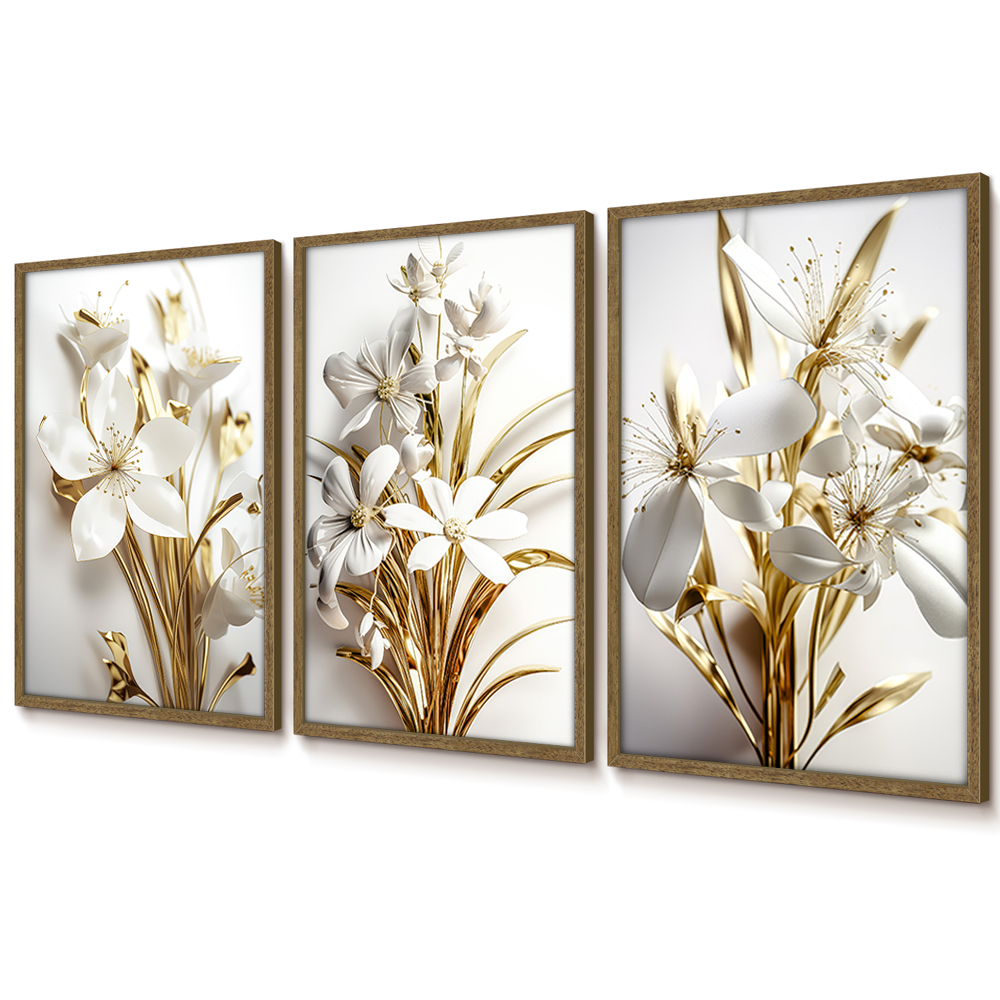 Quadro Decorativo Sala Floral Branco E Dourado Trio Quadros Decorativos Quarto Com Moldura E Vidro · foto 2