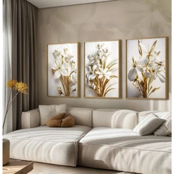 Quadro Decorativo Sala Floral Branco E Dourado Trio Quadros Decorativos Quarto Com Moldura E Vidro