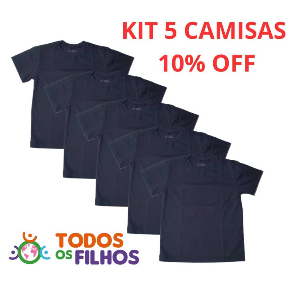 Kit 5 Camisetas Infantis Pretas 100% Algodão – 4 a 12 Anos