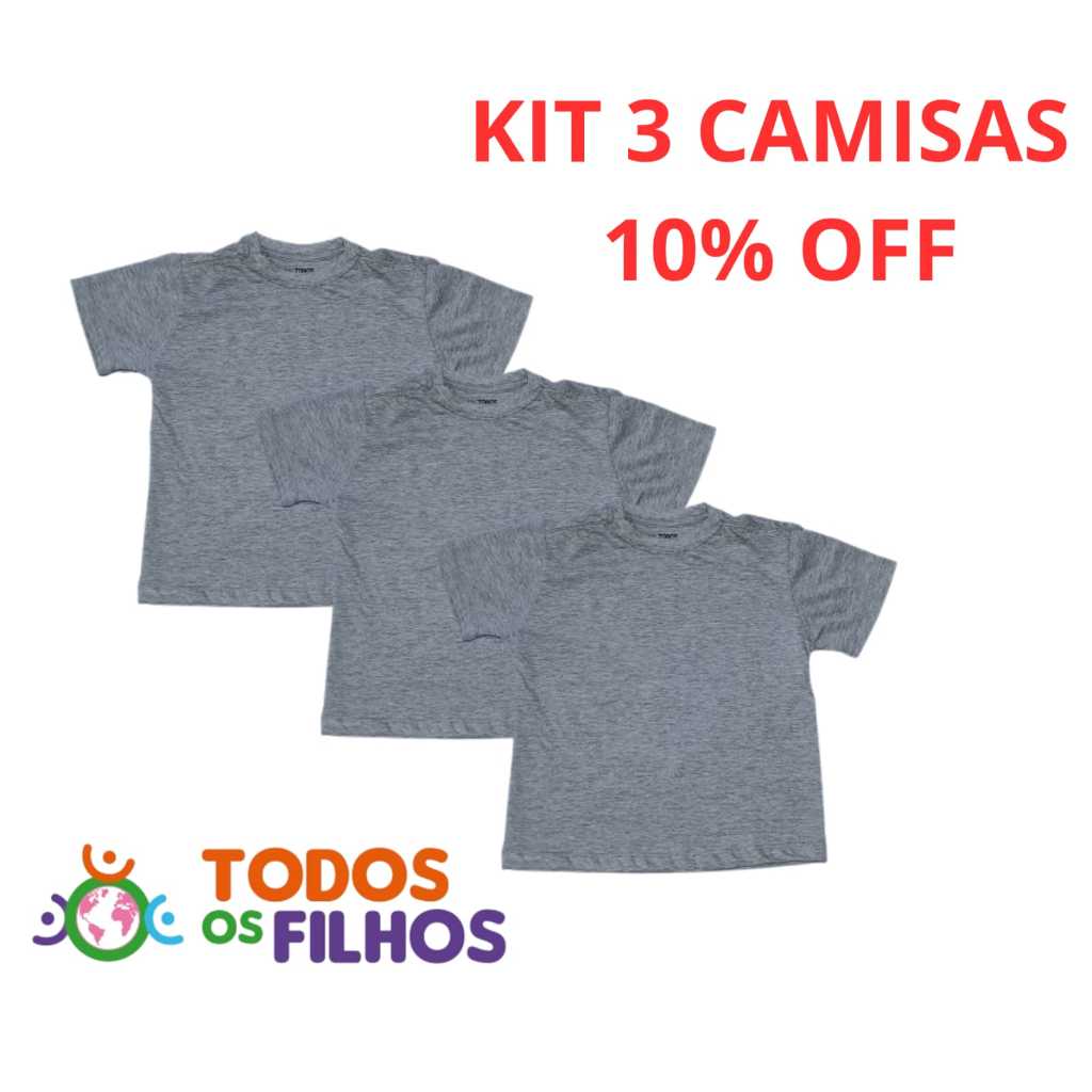 Kit 3 Camisetas Infantis Cinza 100% Algodão – 4 a 12 Anos