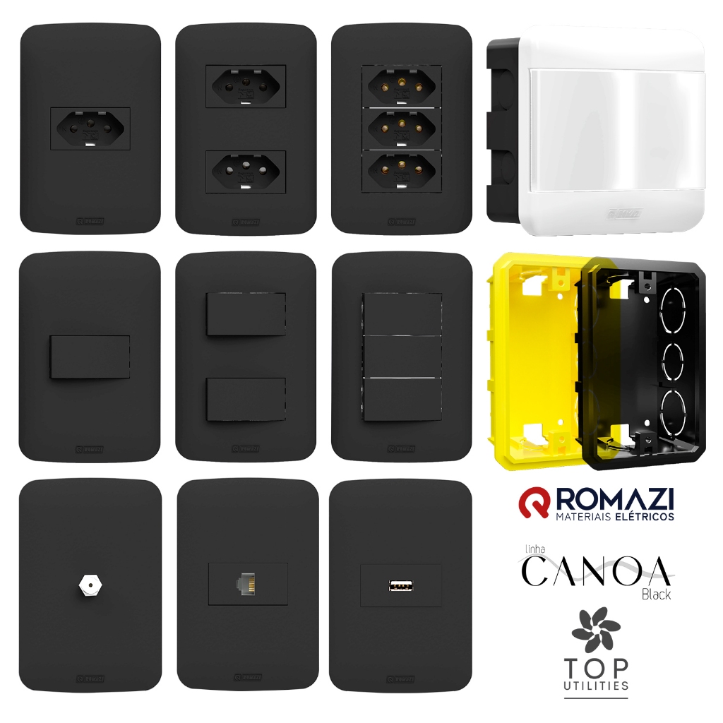 INTERRUPTORES E TOMADAS LINHA CANOA BLACK - ROMAZI em Oferta na Shopee