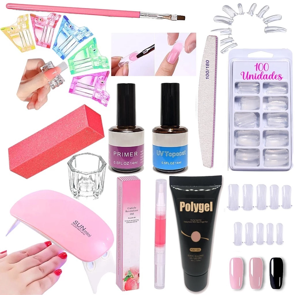 Kit Polygel Alongamento De Unha + Molde F1 + Lixa + Top Coat + Primer + Cabine Sun Mini Poligel Unhas — imagem 1