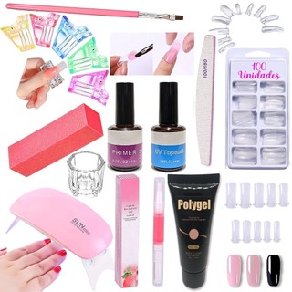 Kit Polygel Alongamento De Unha + Molde F1 + Lixa + Top Coat + Primer + Cabine Sun Mini P…