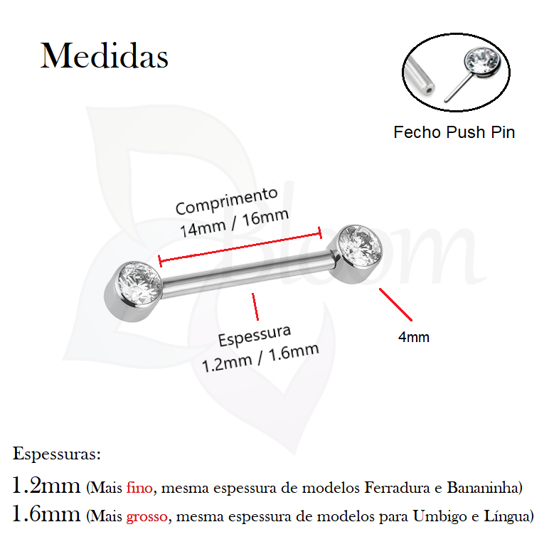 Detalhes do Piercing Barbell Mamilo Titânio com Zircônia Push Pin - 2 Unidades