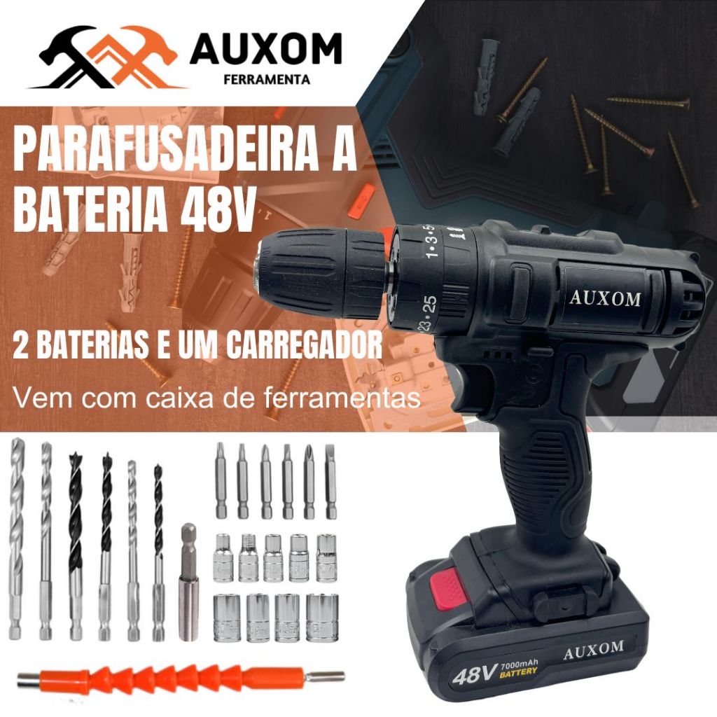 AUXOM Parafusadeira A Bateria 48V 2 Baterias Com Maleta e Acessórios Completo Furadeira Parafusadeira Ferramentas Elétri