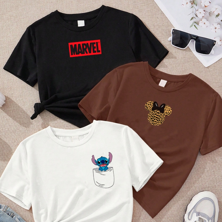 Blusa kit com 3 Marvel oncinha Stitch feminina branca e rosa marrom Off white 100% algodão