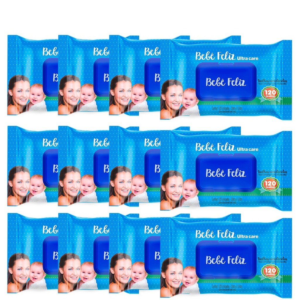 Toalhas Umedecidas Bebê Feliz 120 Unidades Kit c /12 pcts