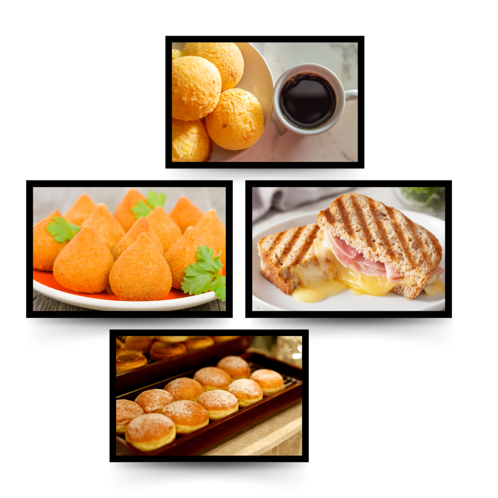 Kit Quadros Decorativos Cozinha Padaria Coxinha Misto Quente Pão de Queijo Doce Café 60x40