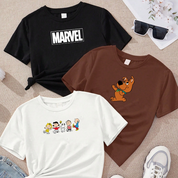 Kit com 3 blusas Marvel baby scooby snoopy feminina branca e rosa marrom Off white 100% algodão
