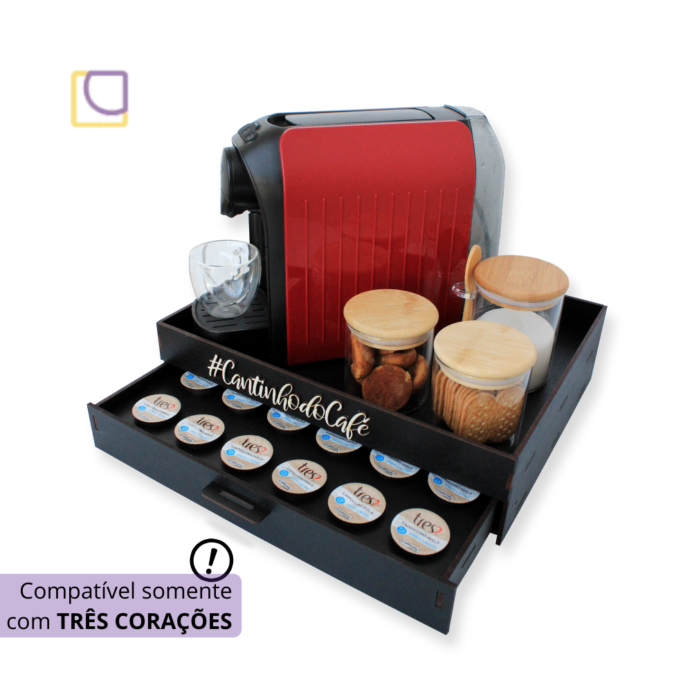 Bandeja Porta 24 Capsulas Três Corações Cantinho Café Gaveta Porta Cápsula Café 3 coraçoes Mdf Preta