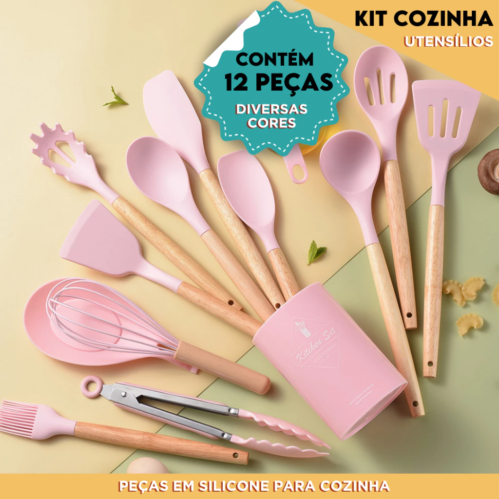 Kit Utensílios de Cozinha Com 5/12 Peças em Silicone com Cabo de Madeira Completo  - BNVT