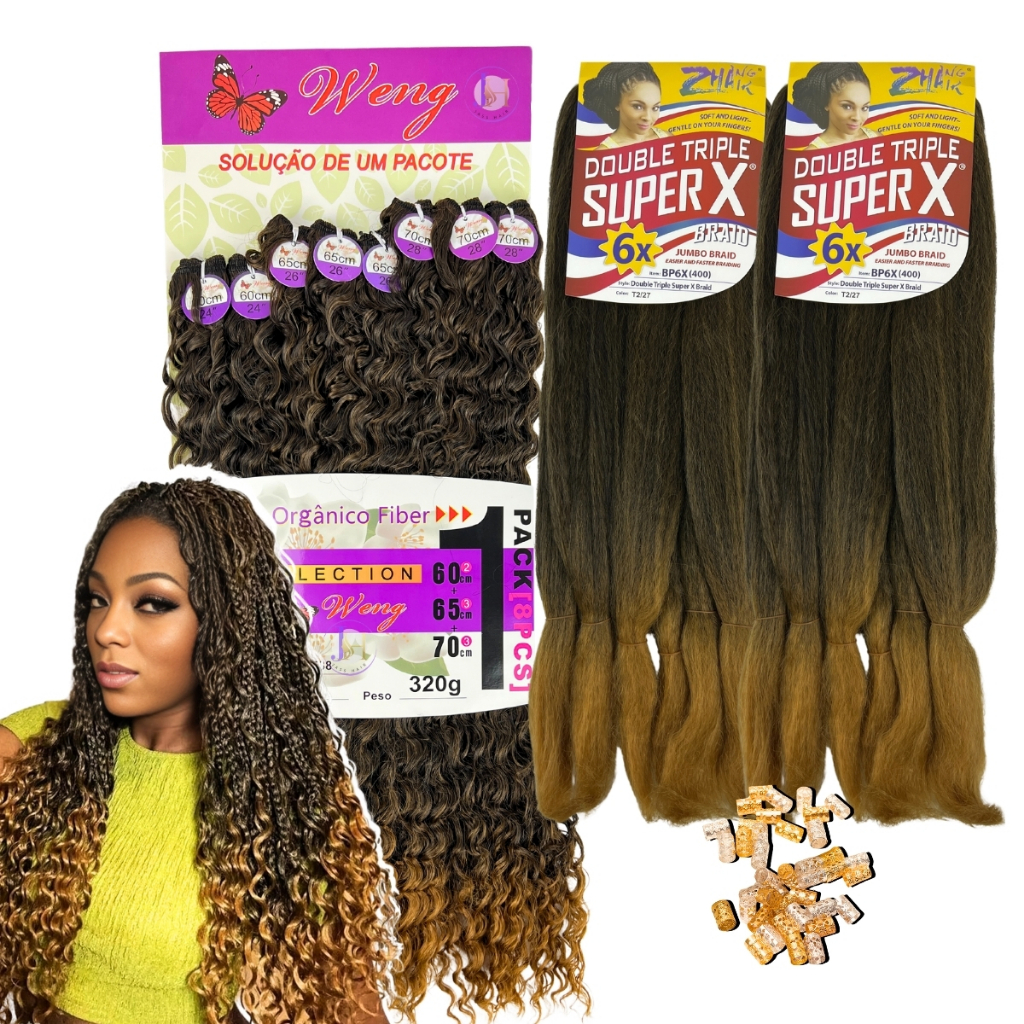 Kit Gypsy Cacho Orgânico Anjo Weng + 2 Jumbo Box Braids + Anéis