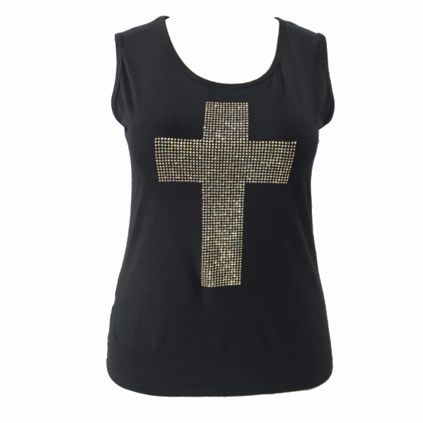 Regata Feminina Plus Size Tamanho 40 ao 64 (M ao G10) Blusa Tecido Viscolycra com Pedraria Cruz