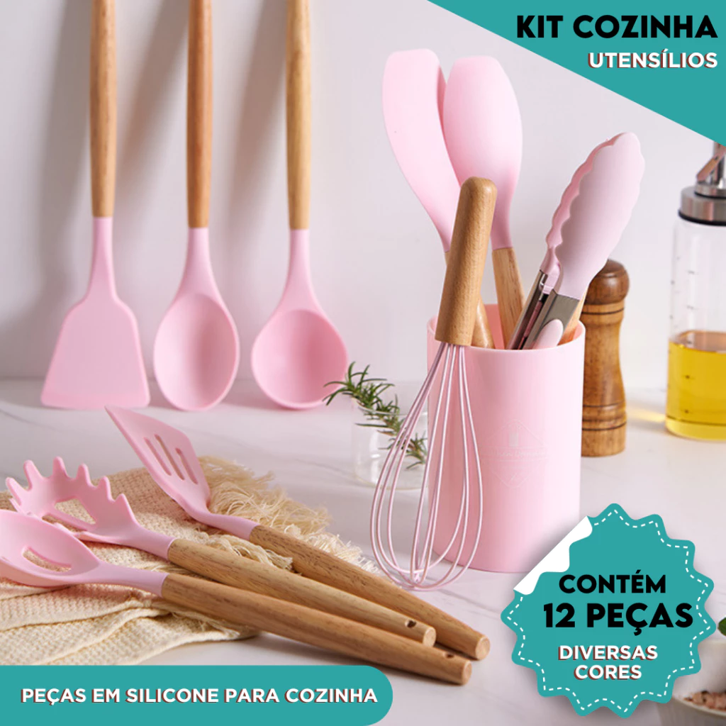 Kit Utensílios de Cozinha  Com 5/12 Peças em Silicone com Cabo de Madeira Completo  - CH — imagem 1