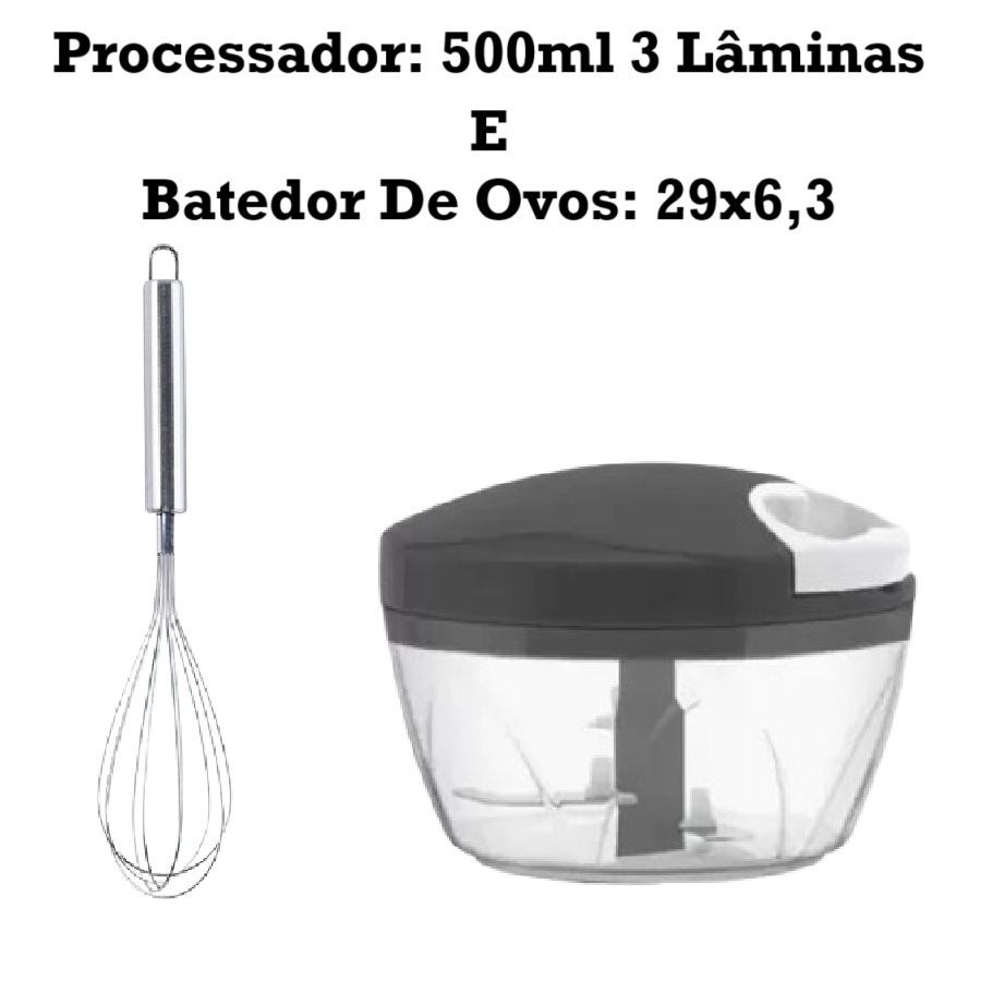 Processador Manual Alimentos Triturador 3 Lâminas 500Ml E Inox 29Cm Batedor De Ovos Para Cozinha