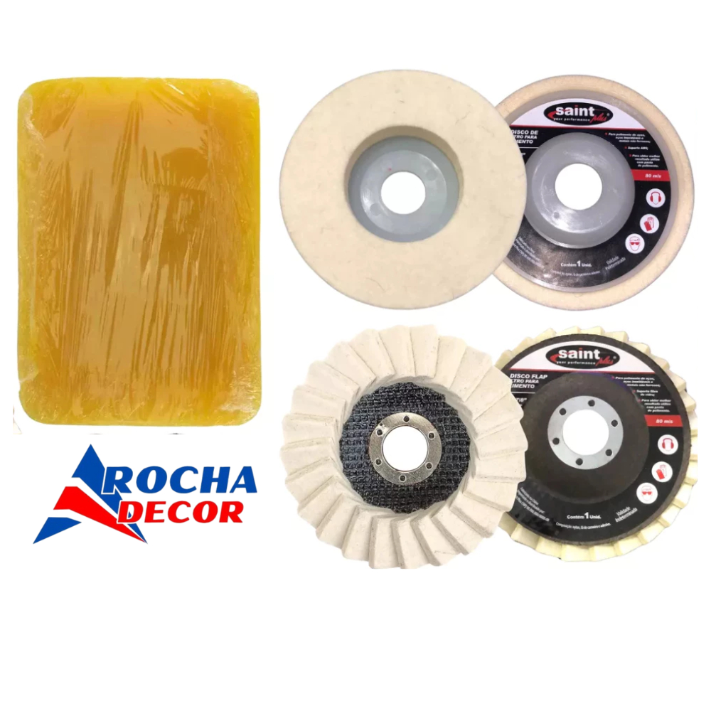 Kit 2x Flap Polimento Inox Disco Feltro Flap Lã + Cera Carnauba 500g Madeira e Inox