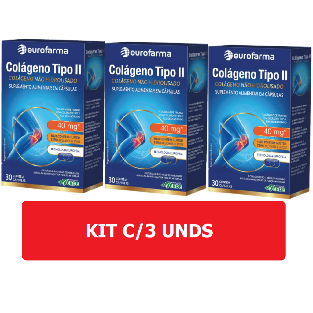 Kit 3 unid colágeno tipo 2 Eurofarma c/30 cápsulas
