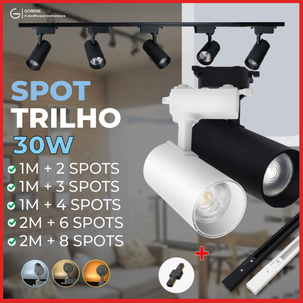 Trilho Spot LED para trilho eletrificado + Trilho + Conector Preto ou Branco 30W 360° Luz Fria, Neutra e Quente Bivolt - Home & Living