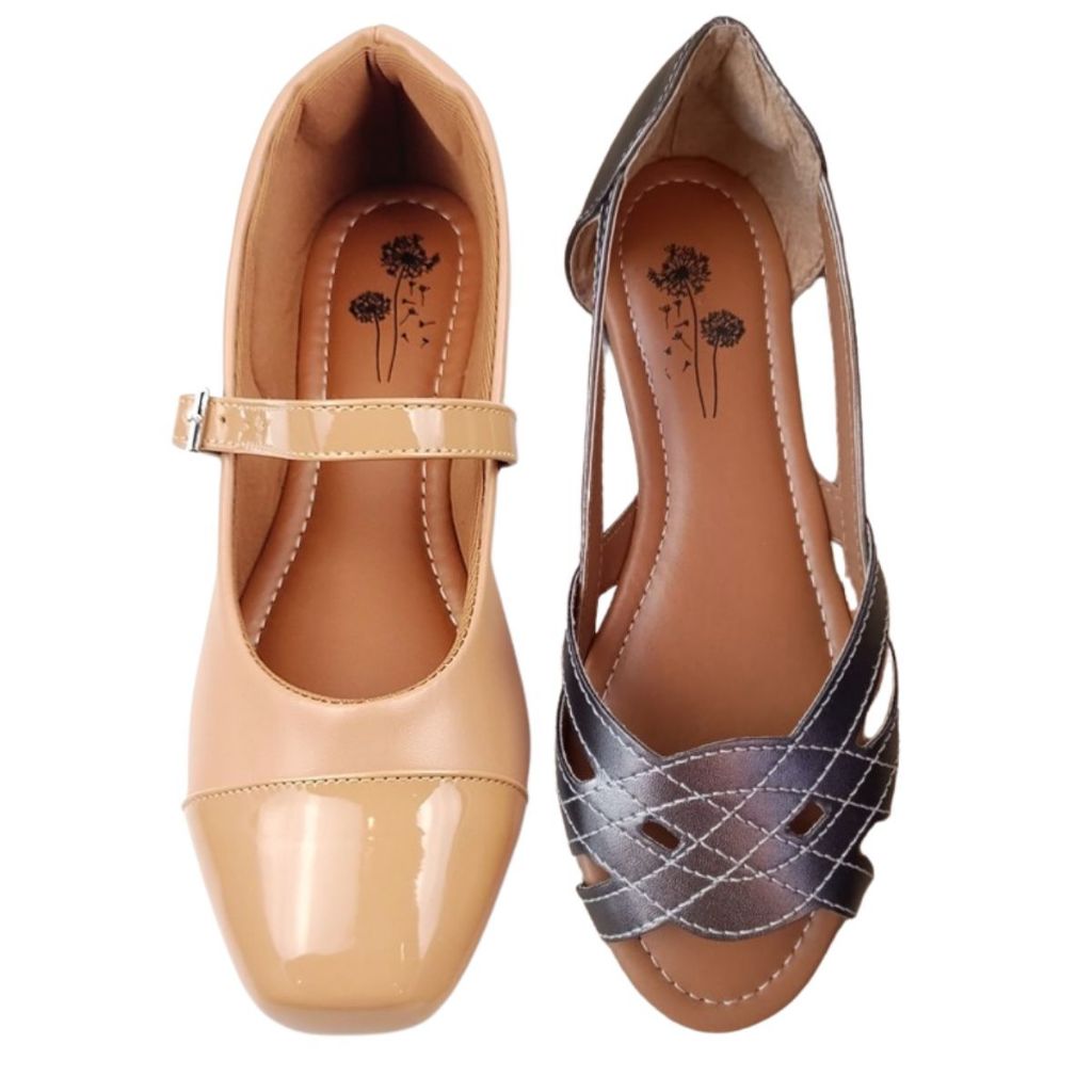 Kit 2 Calcados Feminino Boneca Nude Bege Salomé Chumbo Confortavel Mocassim Sandalia Moda Sapato