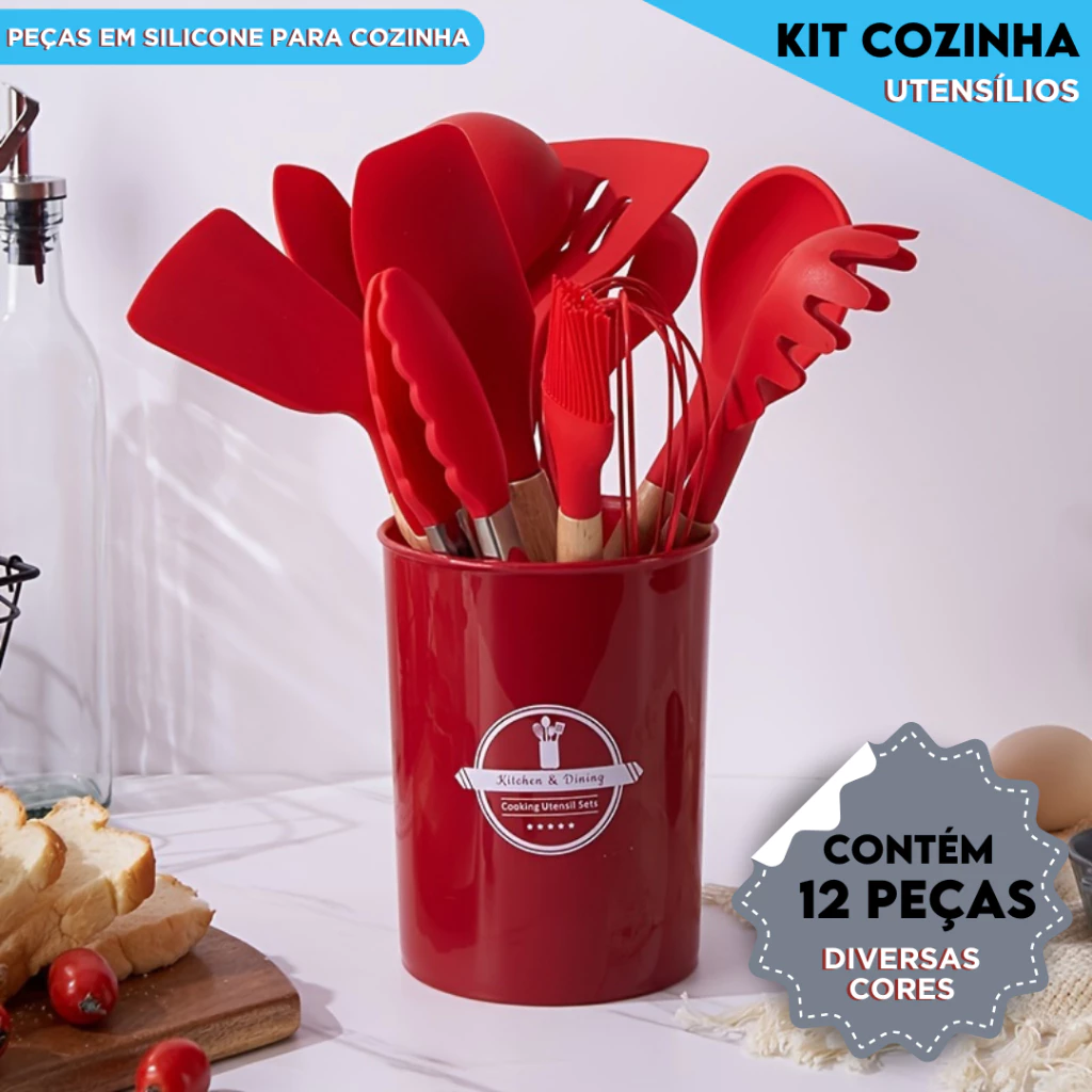 Kit Utensílios de Cozinha  Com 5/12 Peças em Silicone com Cabo de Madeira Completo  - Aero