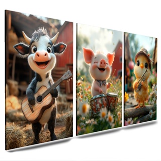 kit 3 quadros decorativos vaquinha porquinho pintinho sala quarto em Oferta na Shopee