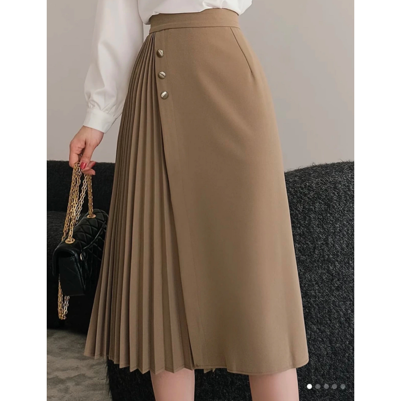 Saia Plissada Alfaiataria Com Botão Moda Evangelica Estilo Coreano SAIA PLISSADA COREANO 3 BOTAO
